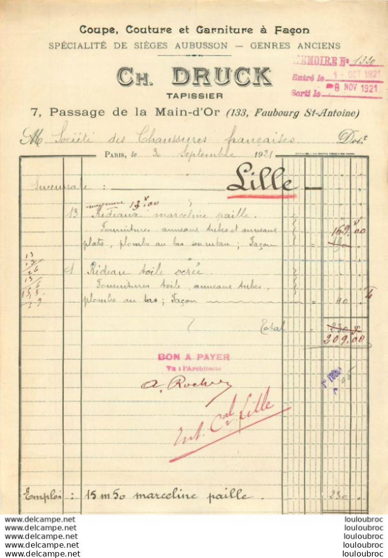 DRUCK CH. TAPISSIER 7 PASSAGE DE MAIN D'OR PARIS A STE DES CHAUSSURES FRANCAISES SUCCURSALE LILLE 1921 - 1900 – 1949
