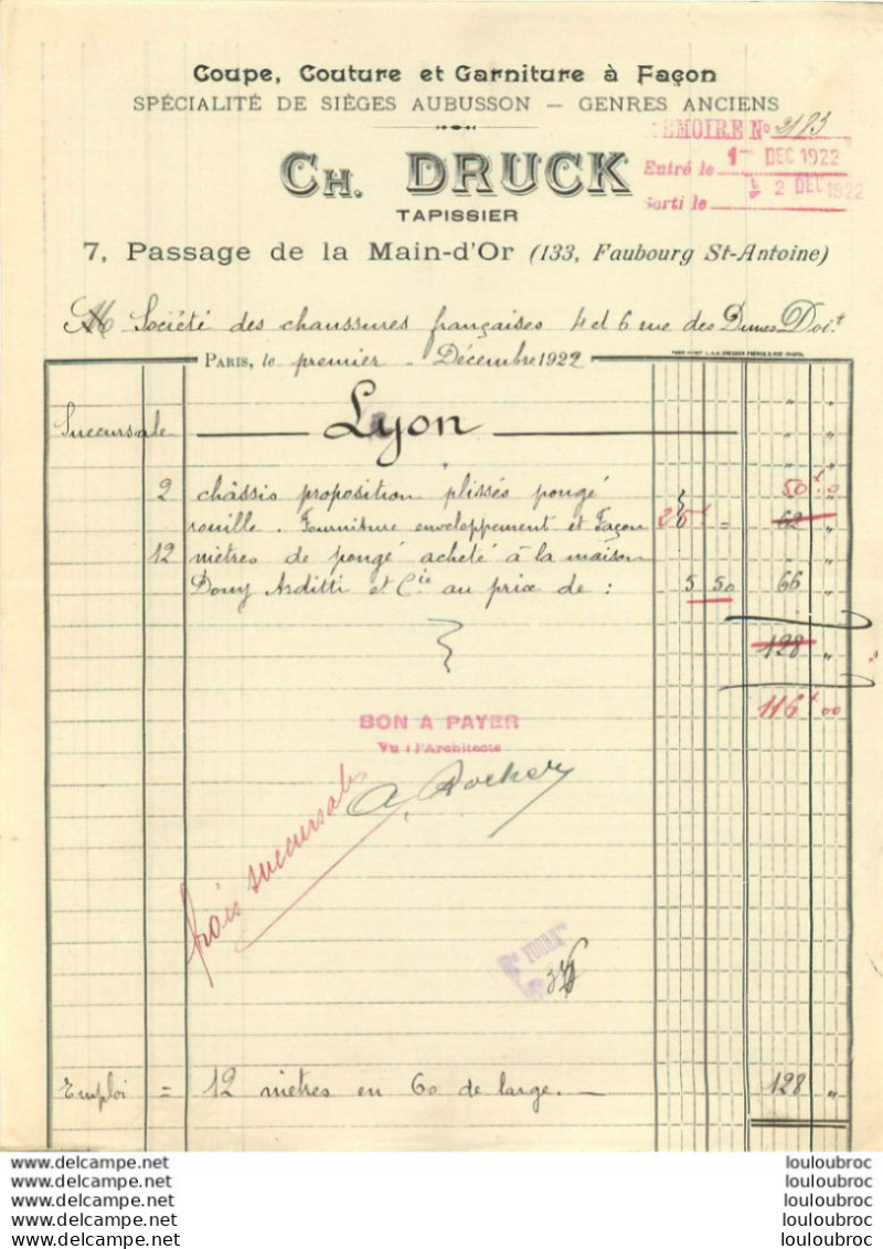 DRUCK CH. TAPISSIER 7 PASSAGE DE MAIN D'OR PARIS A STE DES CHAUSSURES FRANCAISES SUCCURSALE LYON 1922 - 1900 – 1949