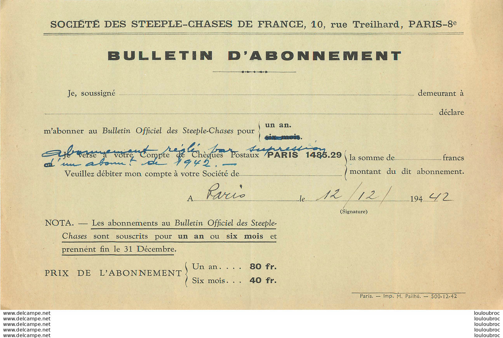 SOCIETE DES STEEPLE CHASES DE FRANCE 10 RUE TREILHARD PARIS 8em ABONNEMENT 1942 - 1900 – 1949