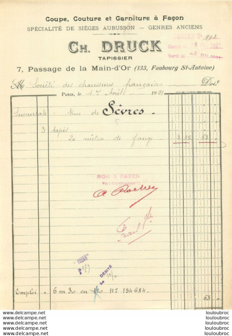 DRUCK CH. TAPISSIER 7 PASSAGE DE MAIN D'OR PARIS A STE DES CHAUSSURES FRANCAISES SUCCURSALE DE PARIS RUE DE SEVRES 1921 - 1900 – 1949