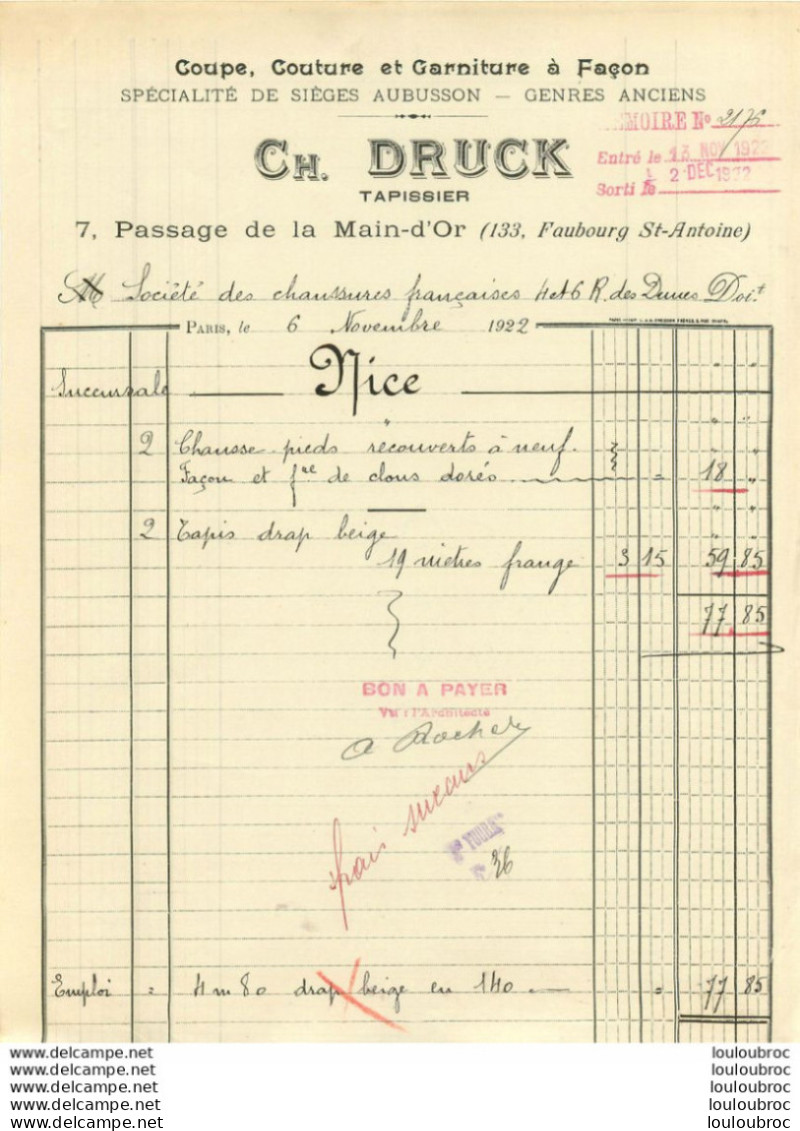 DRUCK CH. TAPISSIER 7 PASSAGE DE MAIN D'OR PARIS A STE DES CHAUSSURES FRANCAISES SUCCURSALE DE NICE 1922 - 1900 – 1949