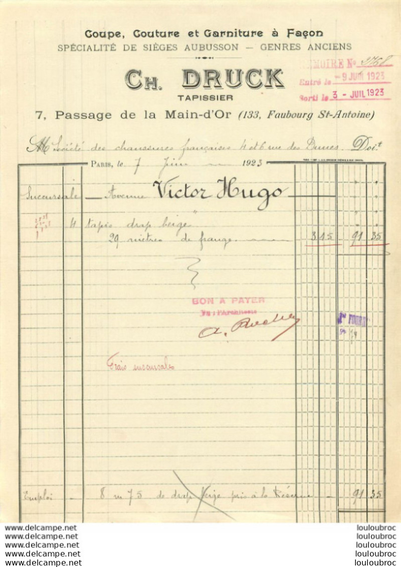 DRUCK CH. TAPISSIER 7 PASSAGE DE MAIN D'OR PARIS A STE DES CHAUSSURES FRANCAISES SUCCURSALE DE PARIS VICTOR HUGO 1923 - 1900 – 1949