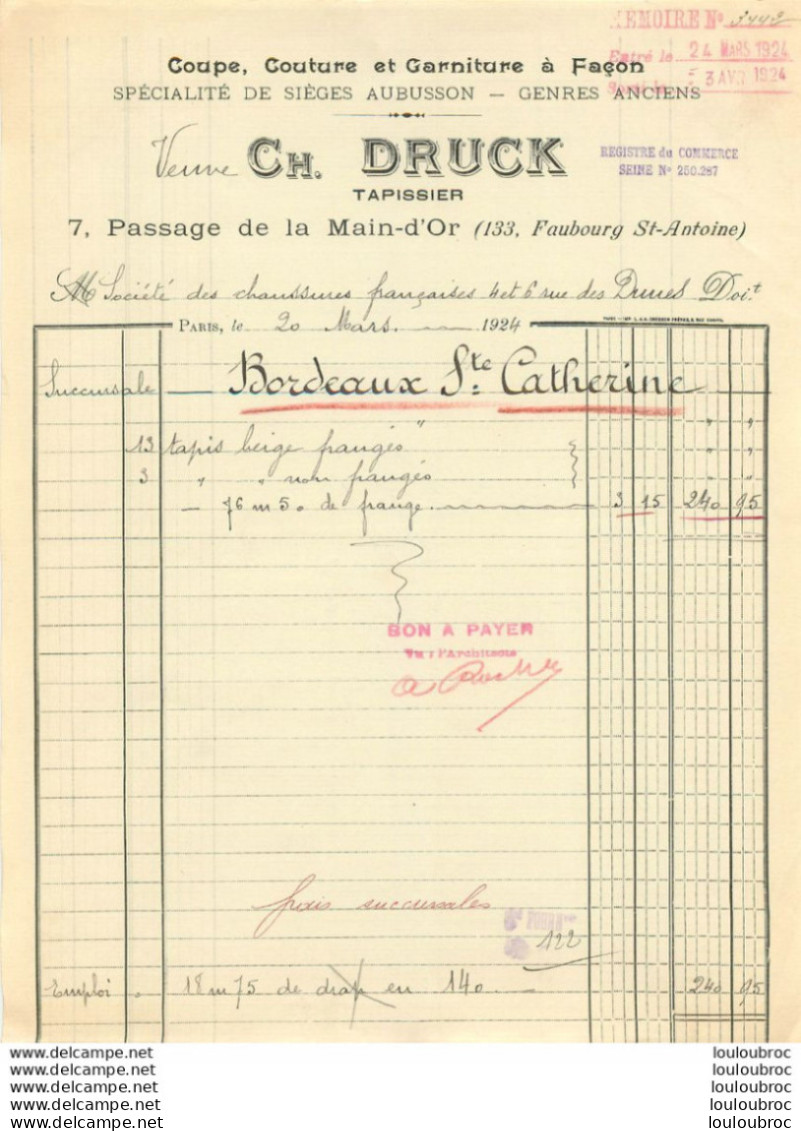 DRUCK CH. TAPISSIER 7 PASSAGE DE MAIN D'OR PARIS A STE DES CHAUSSURES FRANCAISES SUCCURSALE  BORDEAUX STE CATHERINE 1924 - 1900 – 1949