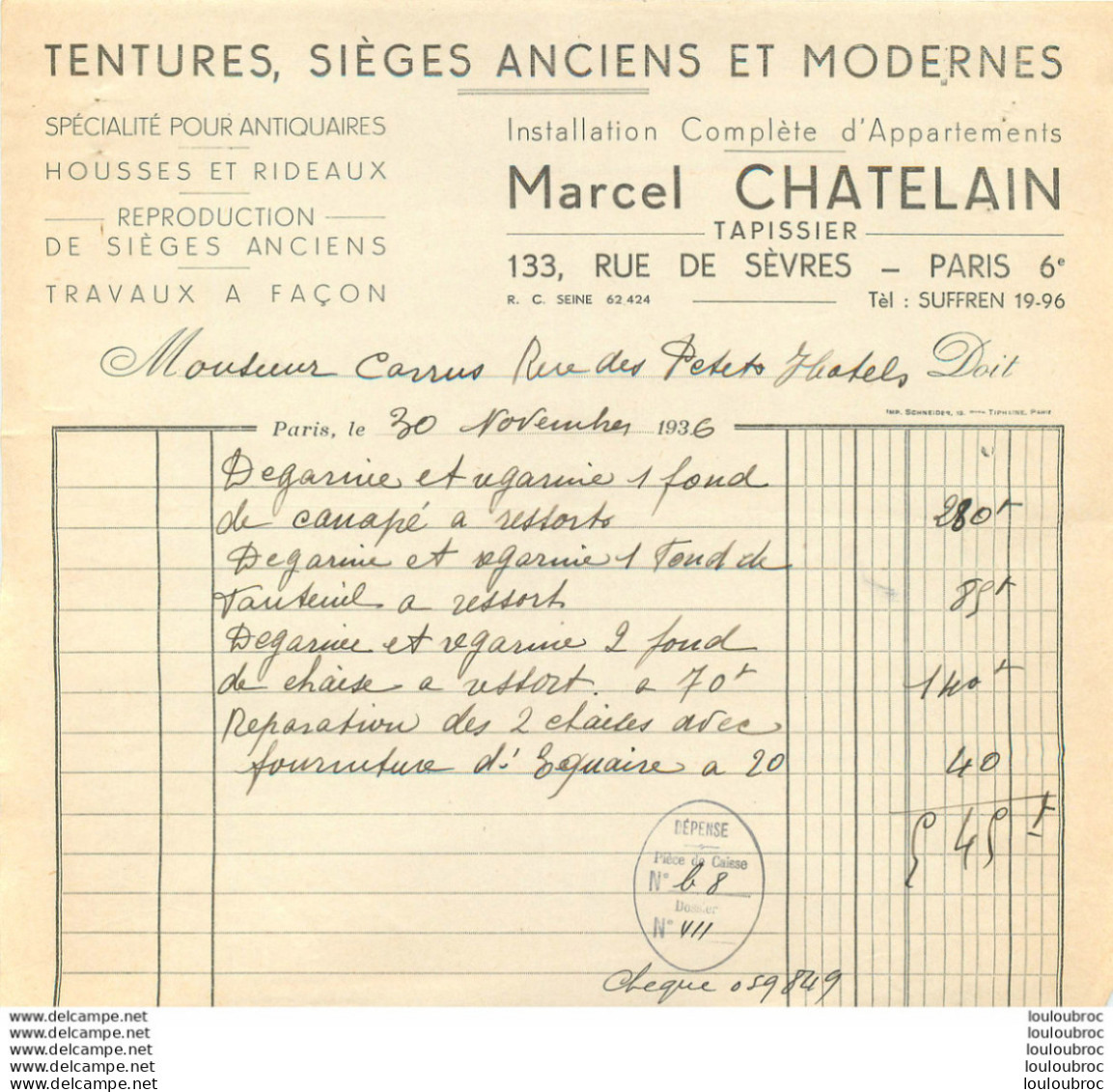 MARCEL CHATELAIN TENTURES ET SIEGES ANCIENS  RUE DE SEVRES PARIS 1936 - 1900 – 1949