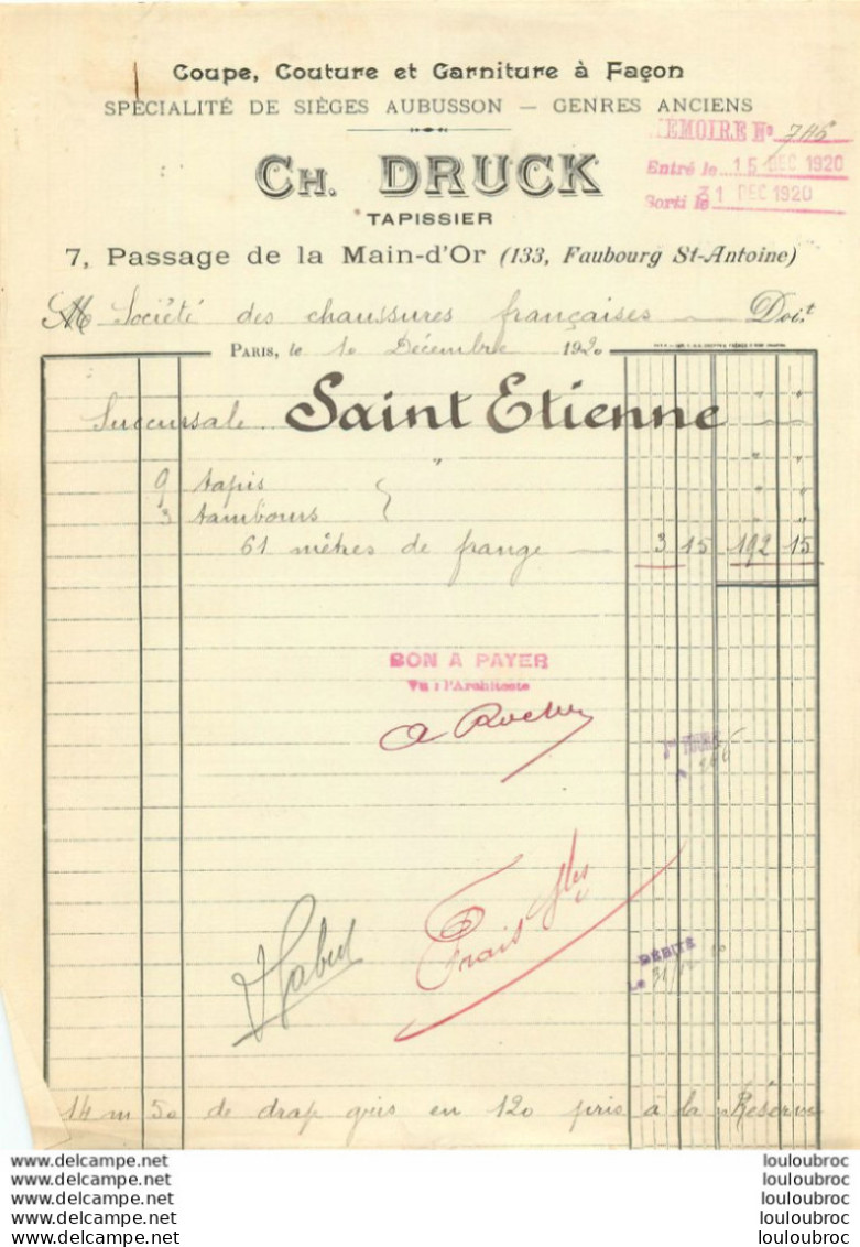 DRUCK CH. TAPISSIER 7 PASSAGE DE MAIN D'OR PARIS A STE DES CHAUSSURES FRANCAISES SUCCURSALE DE SAINT ETIENNE 1920 - 1900 – 1949