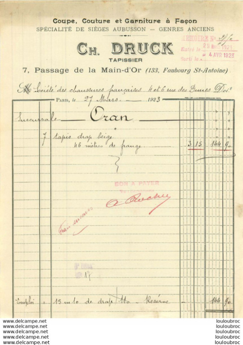 DRUCK CH. TAPISSIER 7 PASSAGE DE MAIN D'OR PARIS A STE DES CHAUSSURES FRANCAISES SUCCURSALE D'ORAN 1923 - 1900 – 1949