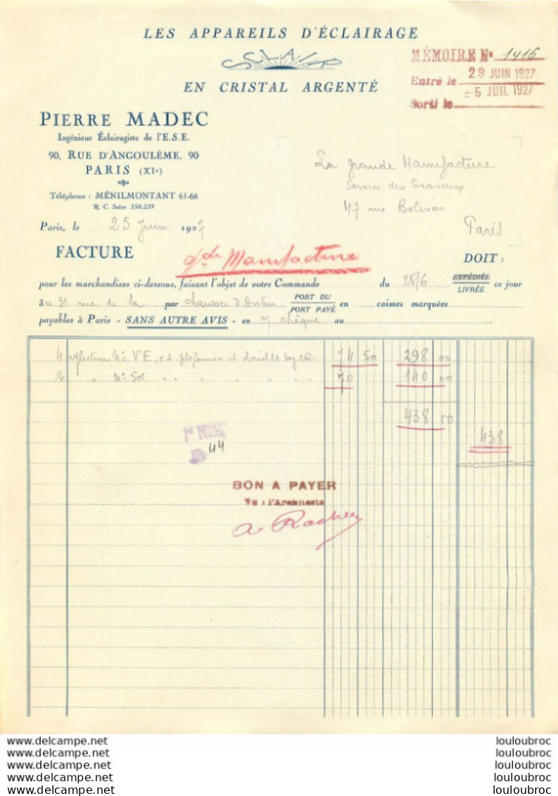 PIERRE MADEC LES APPAREILS D'ECLAIRAGE EN CRISTAL ARGENTE 90 RUE D'ANGOULEME PARIS 1927 - 1900 – 1949