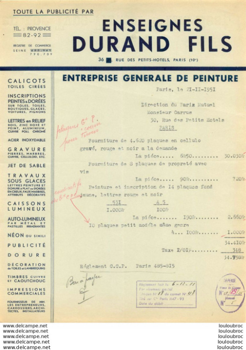 DURAND FILS ENSEIGNES  36 RUE DES PETITS HOTELS PARIS 1951 - 1900 – 1949