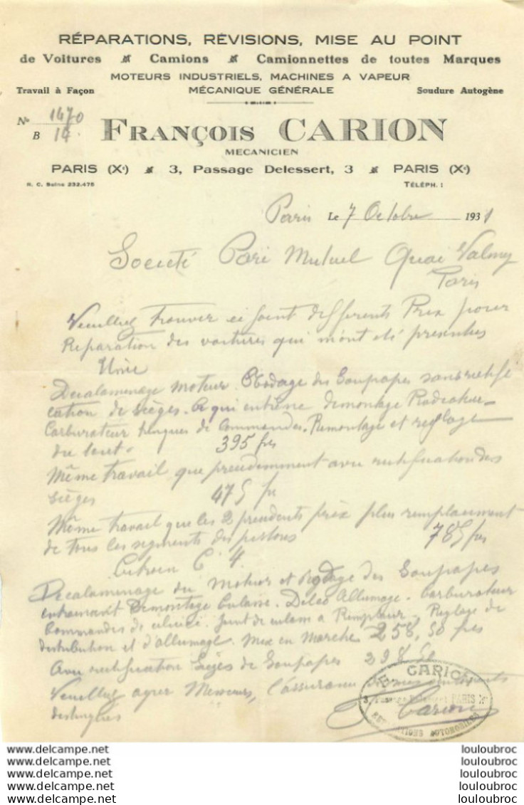 FRANCOIS CARION REPARATIONS REVISIONS DE VOITURES ET CAMIONS 3 PASSAGE DELESSERT A PARIS 1931 - 1900 – 1949