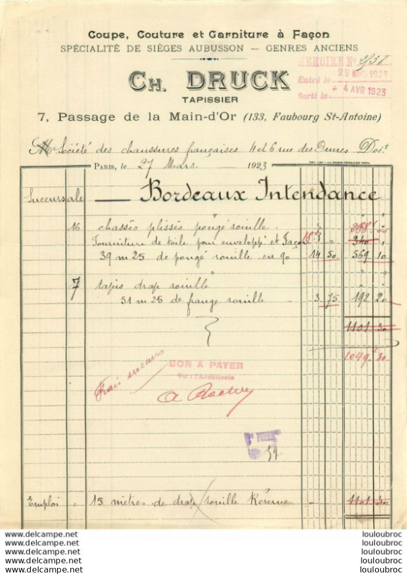 DRUCK CH. TAPISSIER 7 PASSAGE DE MAIN D'OR PARIS A STE DES CHAUSSURES FRANCAISES SUCCURSALE  BORDEAUX INTENDANCE 1923 - 1900 – 1949