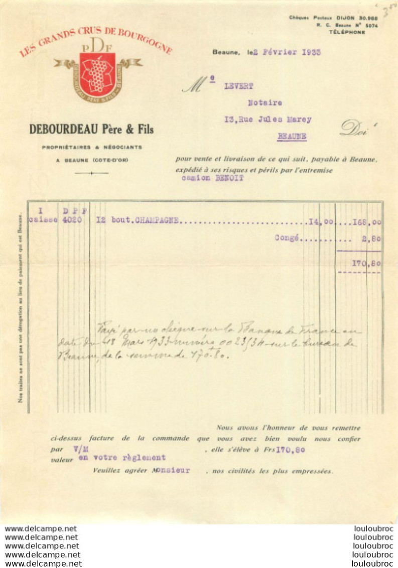 BEAUNE 1933  DEBOURDEAU PERE ET FILS GRANDS CRUS DE BOURGOGNE - 1900 – 1949