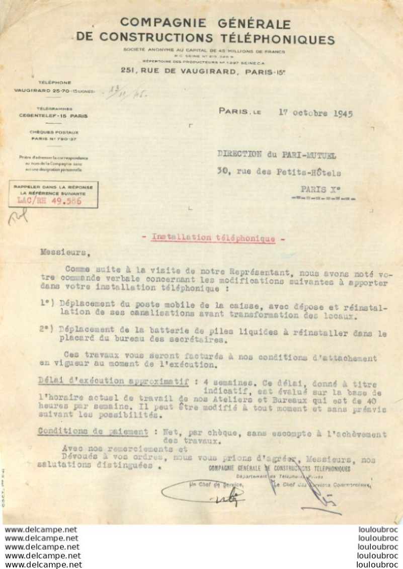 COMPAGNIE GENERALE DE CONSTRUCTIONS TELEPHONIQUES 251 RUE DE VAUGIRARD  PARIS 1945 - 1900 – 1949