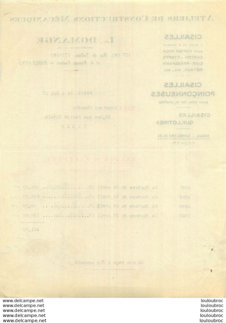 L.  DOMANGE ATELIERS DE CONSTRUCTIONS MECANIQUES 177 RUE DE TOLBIAC PARIS 1927 - 1900 – 1949