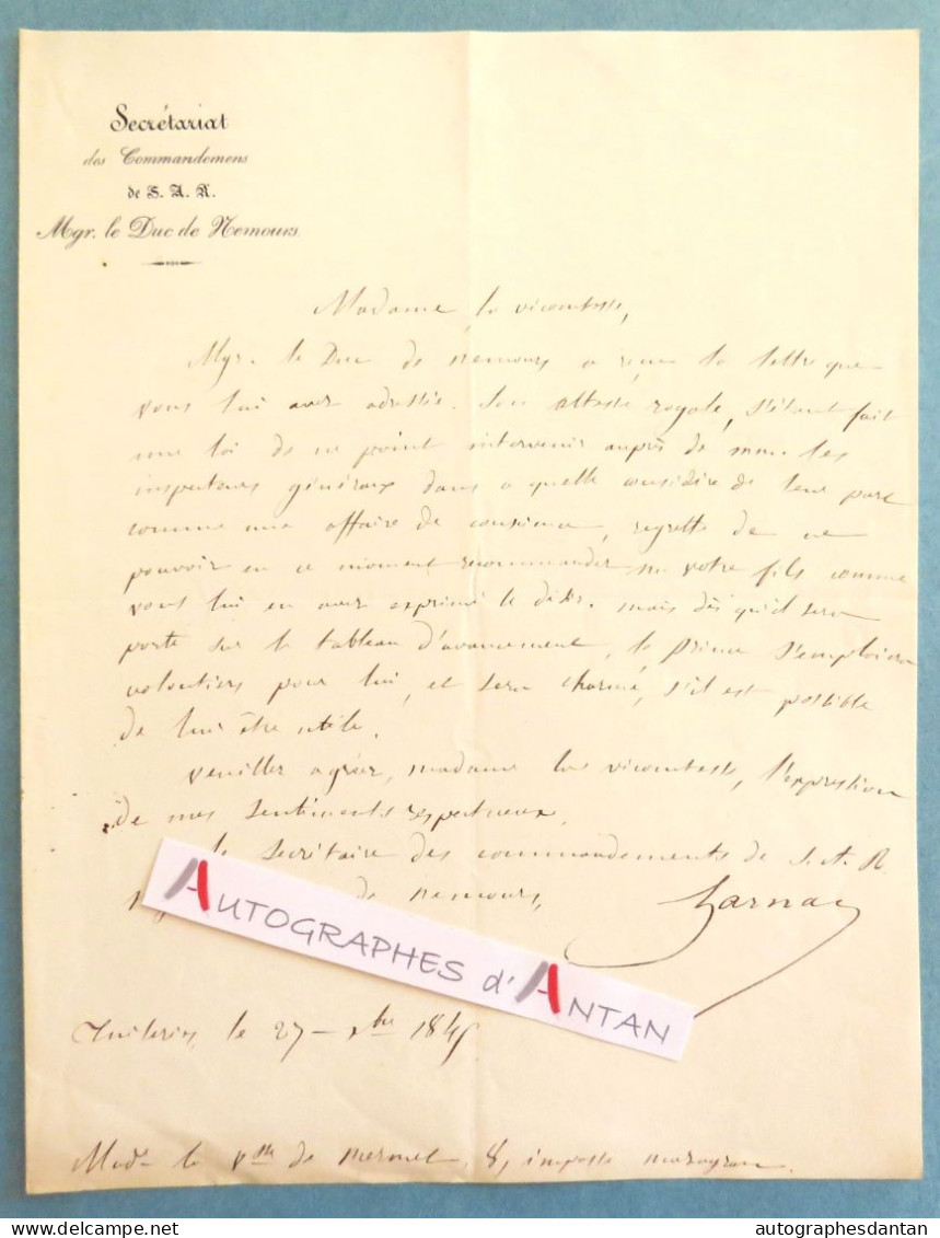 L.A.S 1845 Gustave LARNAC - Duc De Nemours (Louis D'Orléans) Landes - De Mermel - Né Nimes - Tuileries Lettre Autographe - Autres & Non Classés