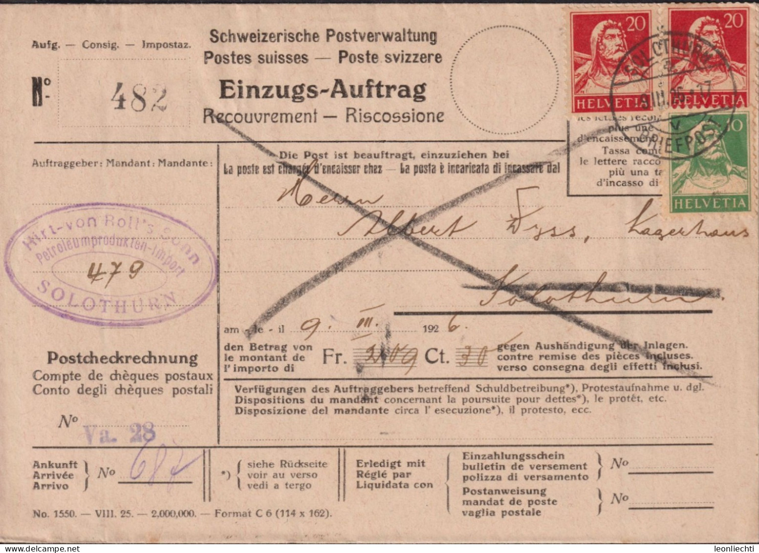1926 Schweiz,  Einzugs-Auftrag Zum:CH 153+174, Mi:CH 164x+206x, Tell-Brustbild , Hirt Von Roll's Sohn Solothurn - Covers & Documents