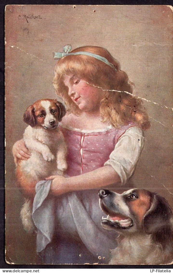 Postcard - Painting - Carl Reichert - Little Girl With Dogs - Kinder-Zeichnungen