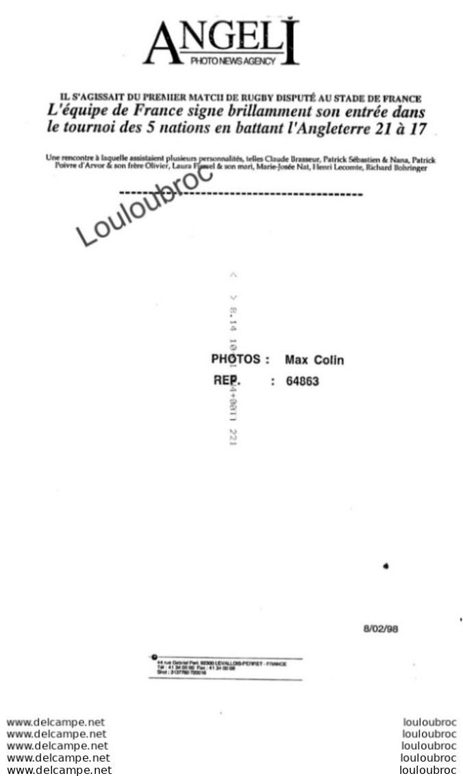 RUGBY TOURNOI DES 5 NATIONS 02/1998 FRANCE  ANGLETERRE 21/17 STADE DE FRANCE  PHOTO DE PRESSE AGENCE  ANGELI 27X18cm R5 - Deportes