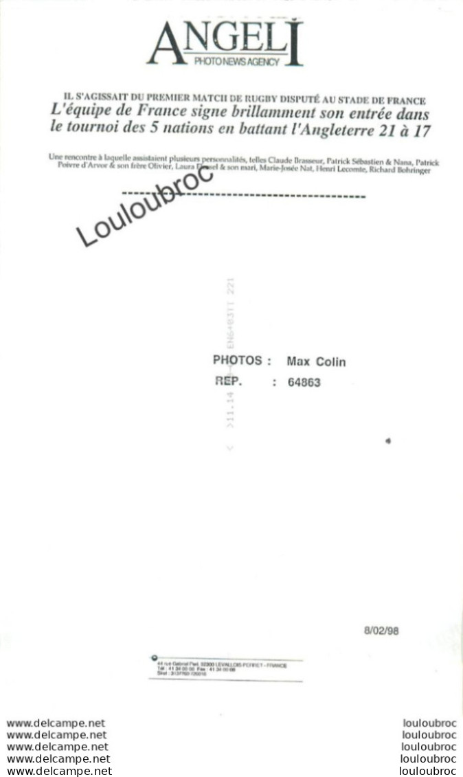 RUGBY TOURNOI DES 5 NATIONS 02/1998 FRANCE  ANGLETERRE 21/17 STADE DE FRANCE  PHOTO DE PRESSE AGENCE  ANGELI 27X18cm R4 - Deportes