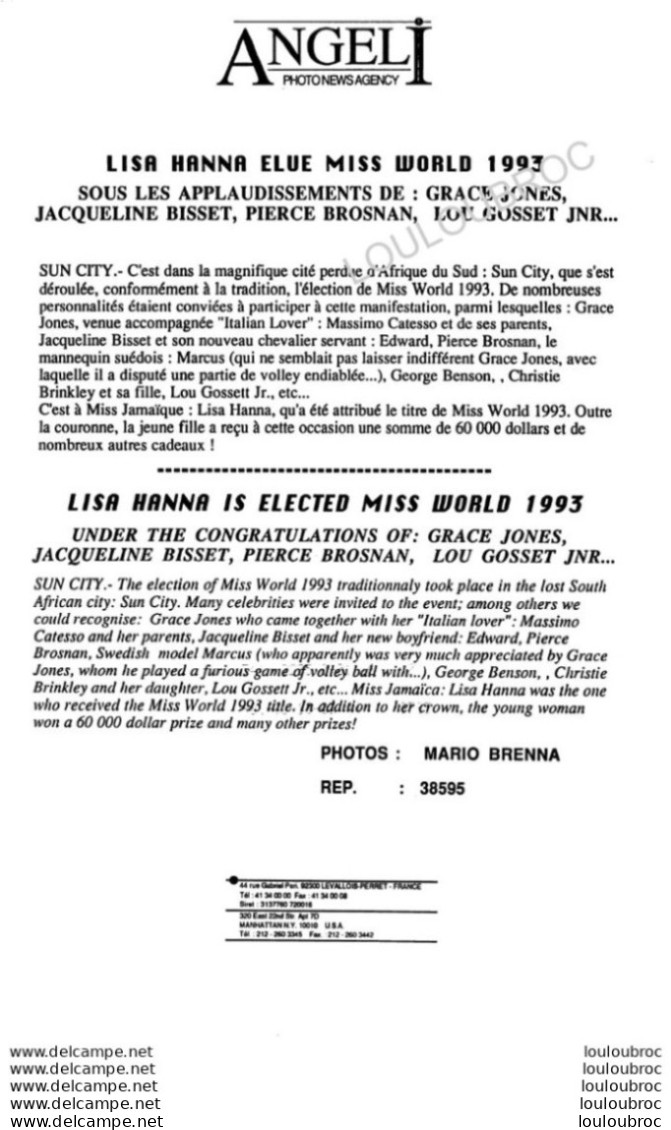 LISA HANNA MISS MONDE 1993 MISS JAMAIQUE  PHOTO DE PRESSE AGENCE  ANGELI 27 X 18 CM - Célébrités