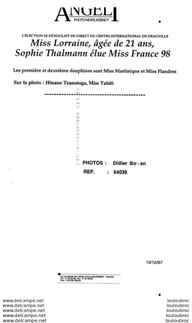 ELECTION MISS FRANCE 1998  ICI HINANO TEANOTOGA MISS TAHITI  PHOTO DE PRESSE AGENCE  ANGELI 27 X 18 CM Ref1 - Célébrités