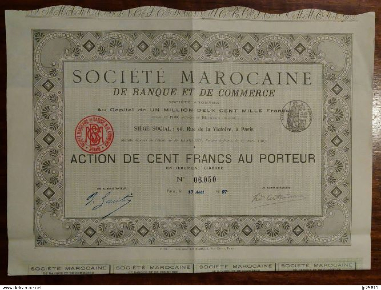 Morocco - Société Marocaine De Banque Et De Commerce Action 100 Francs 1907 Paris - Autres & Non Classés