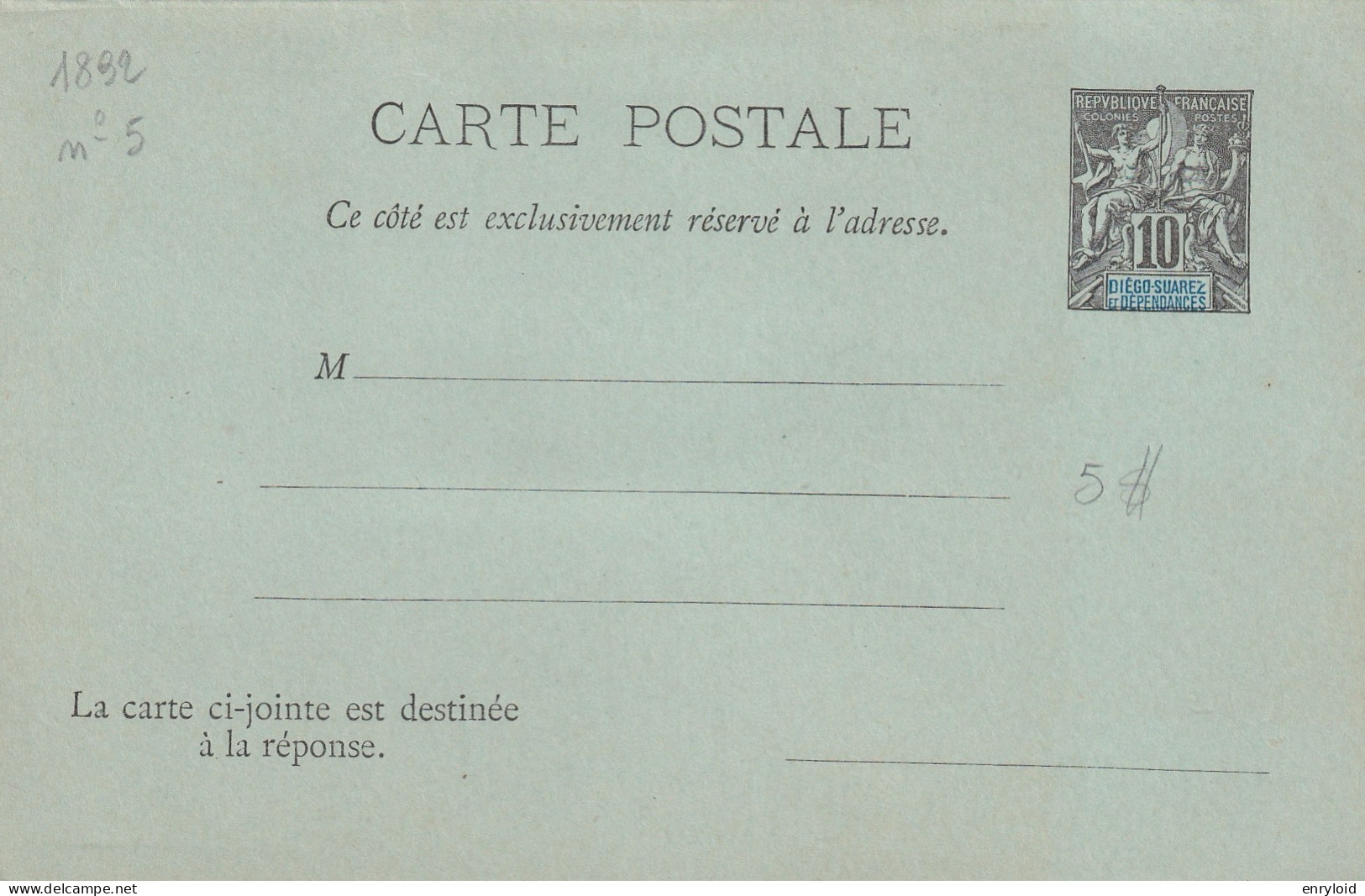 Diego Suarez Et Dependances Colonies Francaise Postes 10 C. Carte - Lettre Rèponse - Briefe U. Dokumente