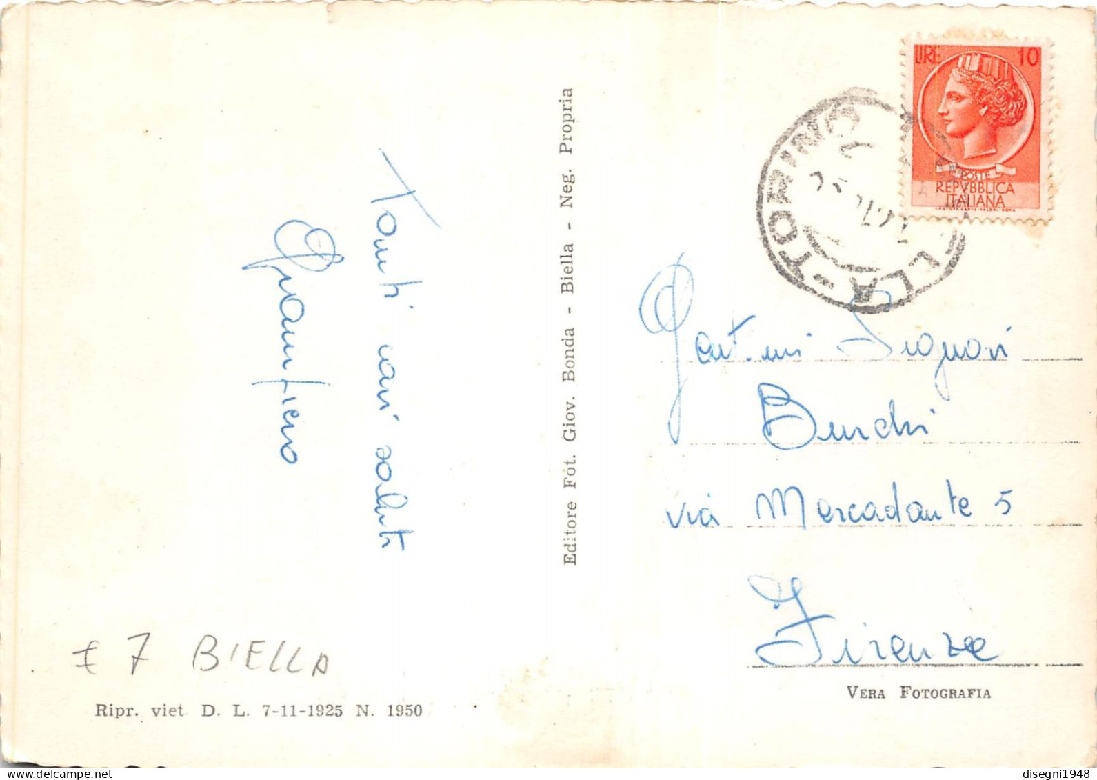 12795 "BIELLA - PIAZZA ADUA" ARCHITETTURA RAZIONALISTA DEL XX SECOLO CART. ORIG. ILLUSTR. SPED. 1960 - Biella