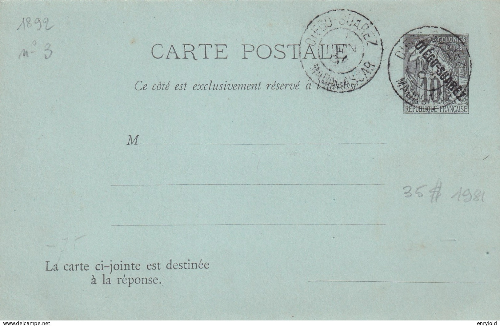 Diego Suarez + Timbre Colonies Francaise Postes 10 C. Carte - Lettre Rèponse - Brieven En Documenten