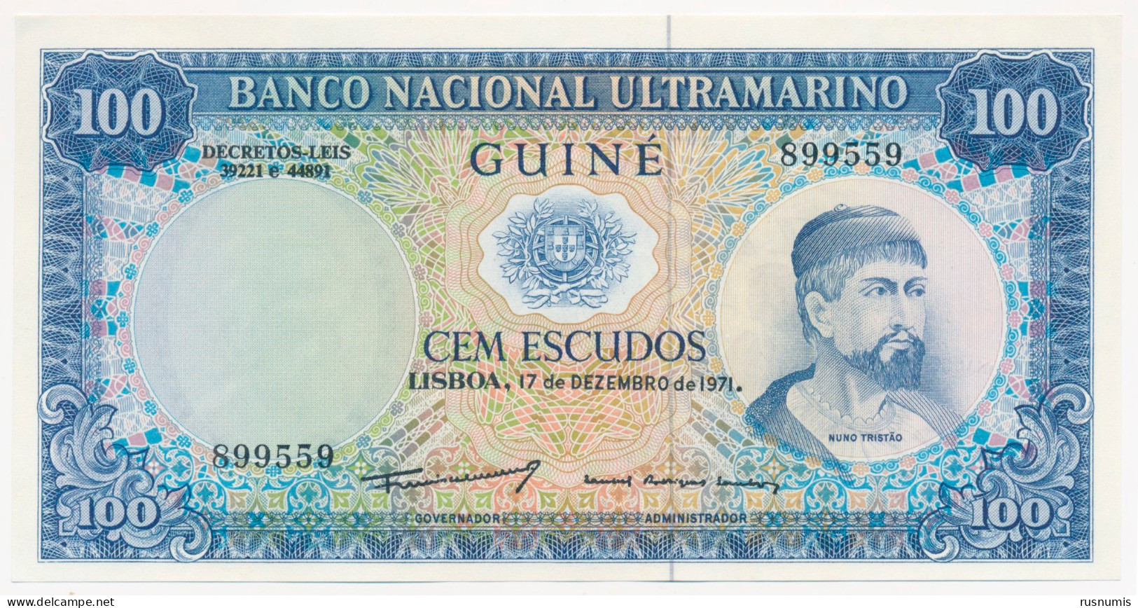 PORTUGUESE GUINEA GUINE 100 ESCUDOS P-45 Nuno Tristгo - Sailing Boat Steam Ship 1971 UNC - Guinea