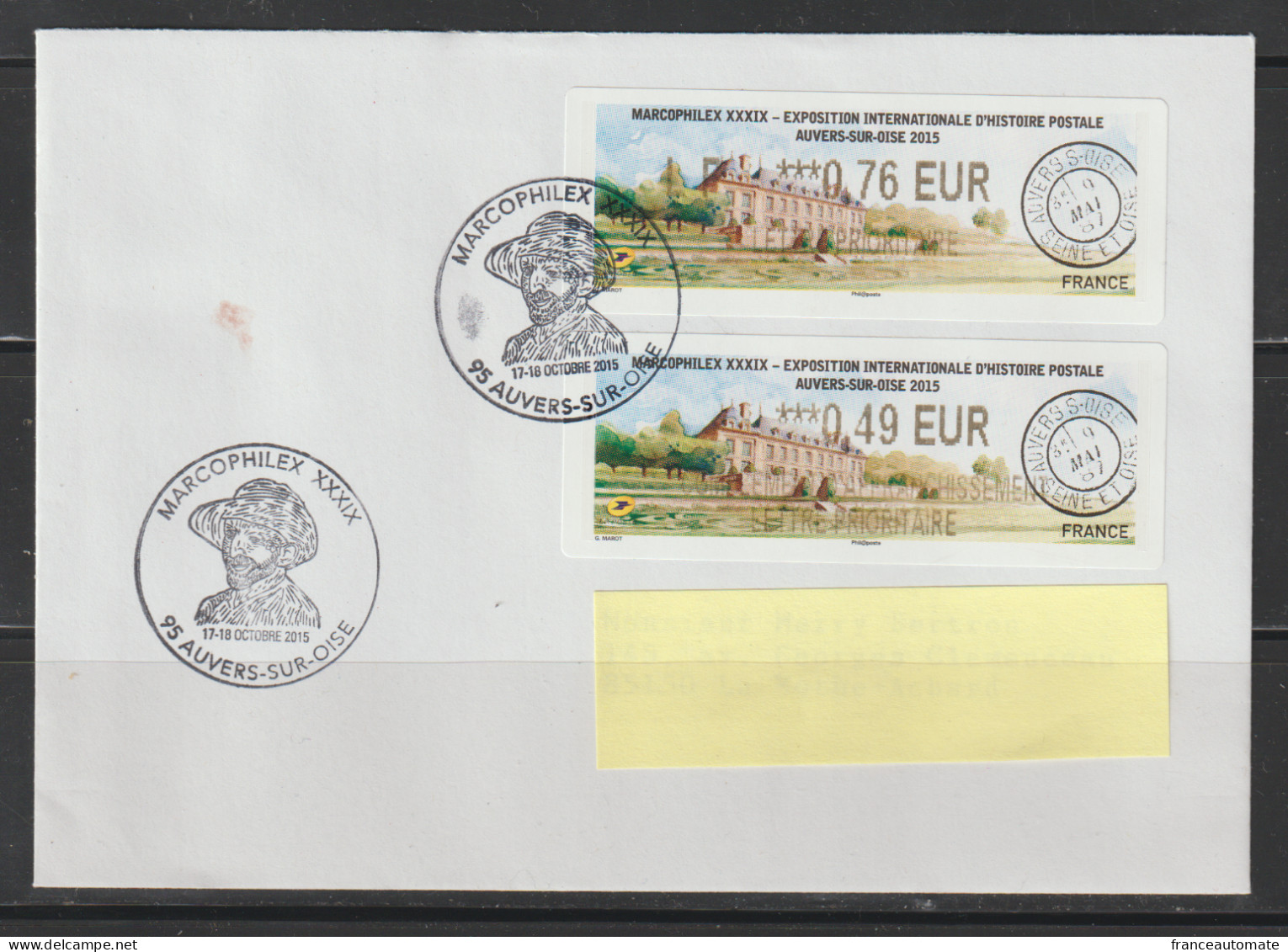 2Atms, Lisa 2, MARCOPHILEX 2015, Auvers Sur Oise, LETTRE+20g, FDC, LP 0.76€+ COMPL 0.49€ VAN GOGH, 17 Et 18 Octobre 2015 - 2010-... Vignettes Illustrées