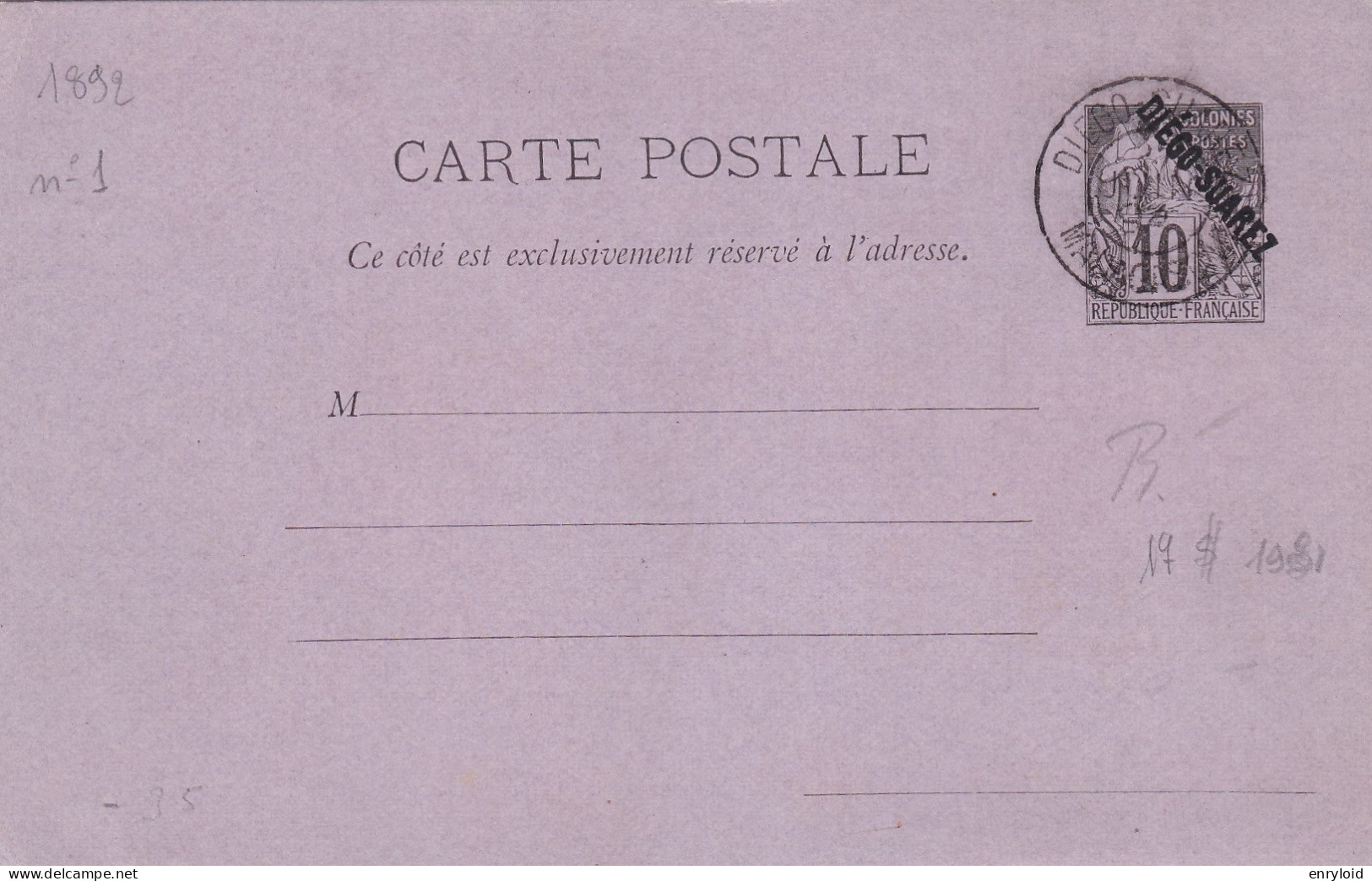 Diego Suarez Colonies Francaise Postes 10 C. Carte - Lettre - Brieven En Documenten