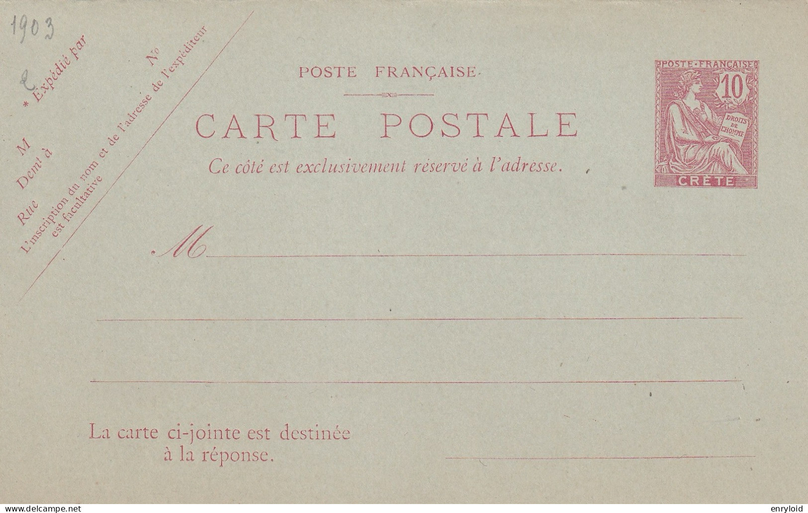 Crete Colonies Francaise Postes 10 C. Carte - Lettre Réponse - Altri & Non Classificati