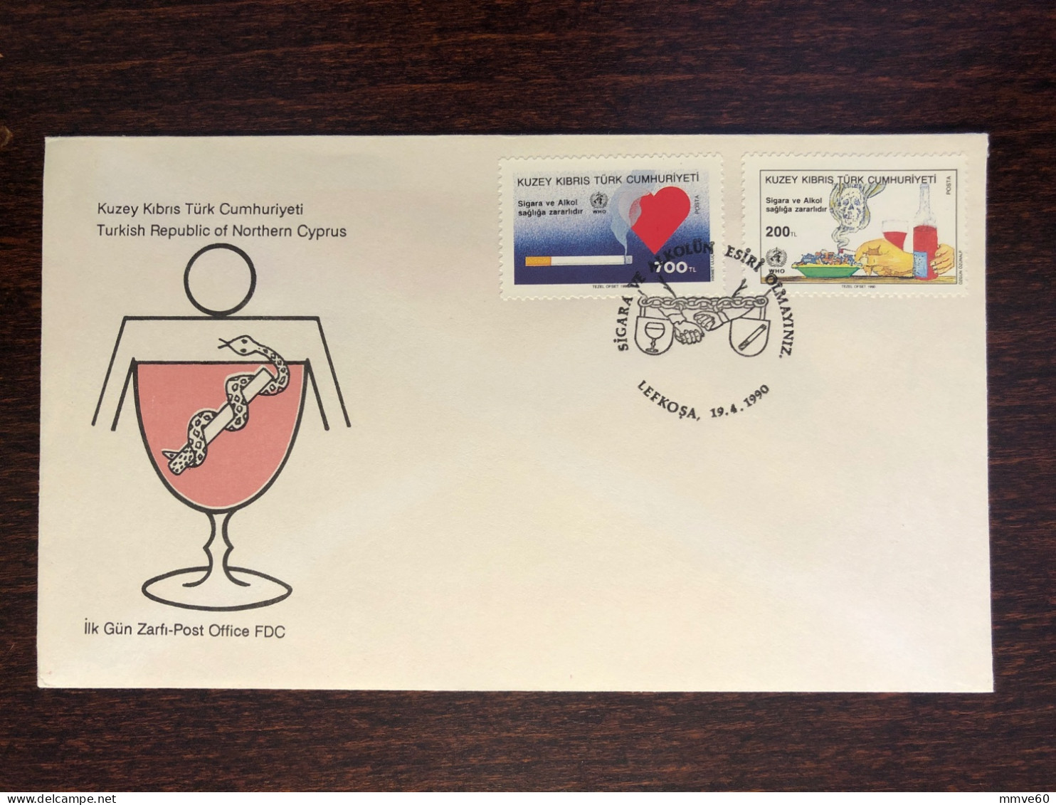 CYPRUS TURKISH FDC COVER 1990 YEAR SMOKING ALCOHOLISM HEALTH MEDICINE STAMPS - Covers & Documents