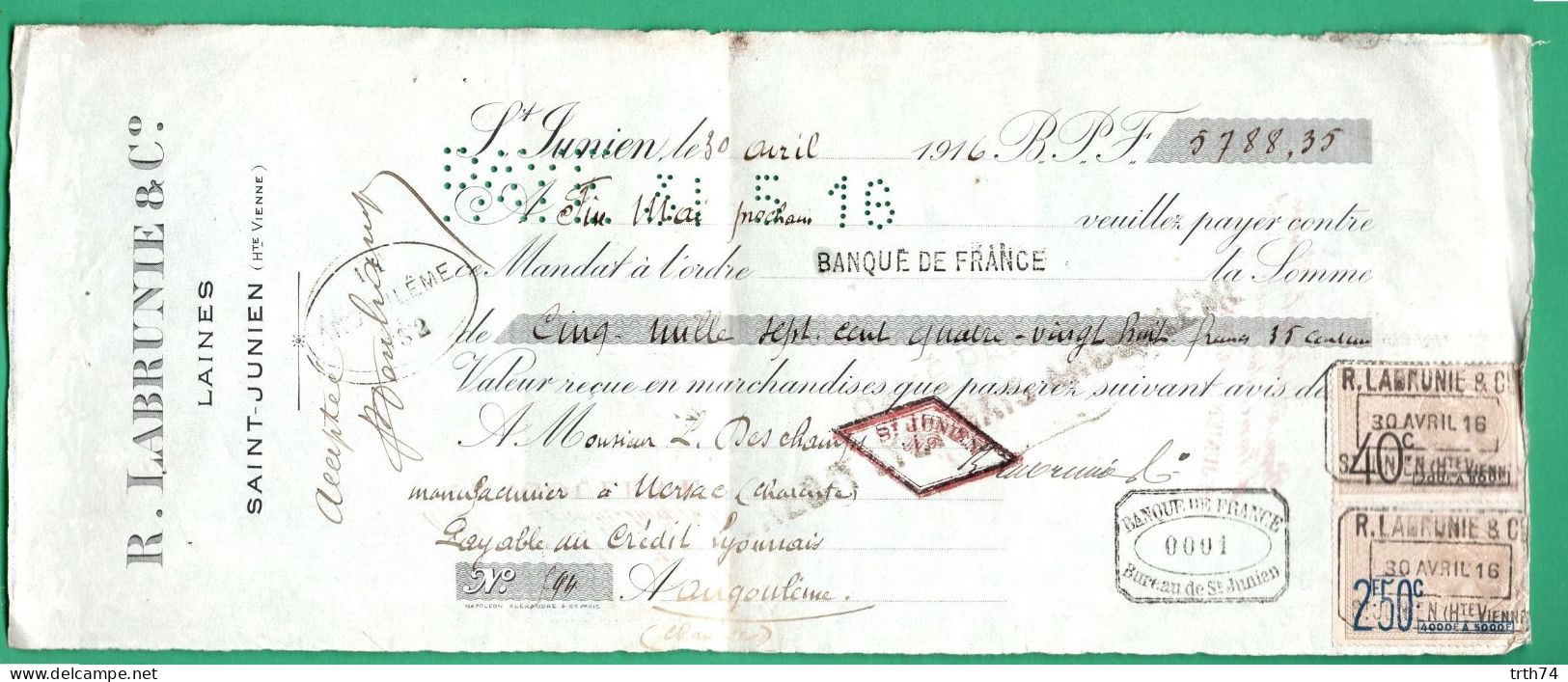 87 Saint Junien Labrunie Et Cie Laine Mandat à Ordre ( Timbres Fiscaux ) 3 Janvier 1917 - Textilos & Vestidos