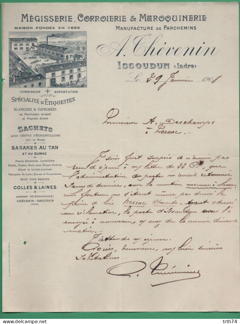 36 Issoudun Thevenin Mégisserie Maroquinerie Manufacture De Parchemin 29 Janvier 1908 - Textile & Vestimentaire