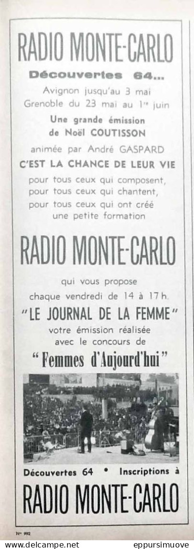 Publicité Papier  RADIO MONTE-CARLO Mai 1964 FAC 992 - Publicidad