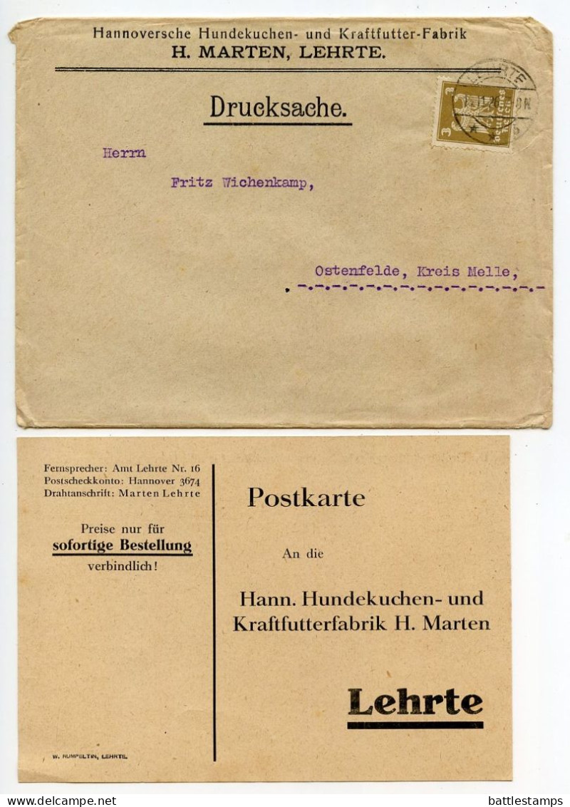 Germany 1926 Cover W/ Advertisements; Lehrte - Hannoversche Hundekuchen- Und Kraftfutter-Fabrik; 3pf. German Eagle - Cartas & Documentos