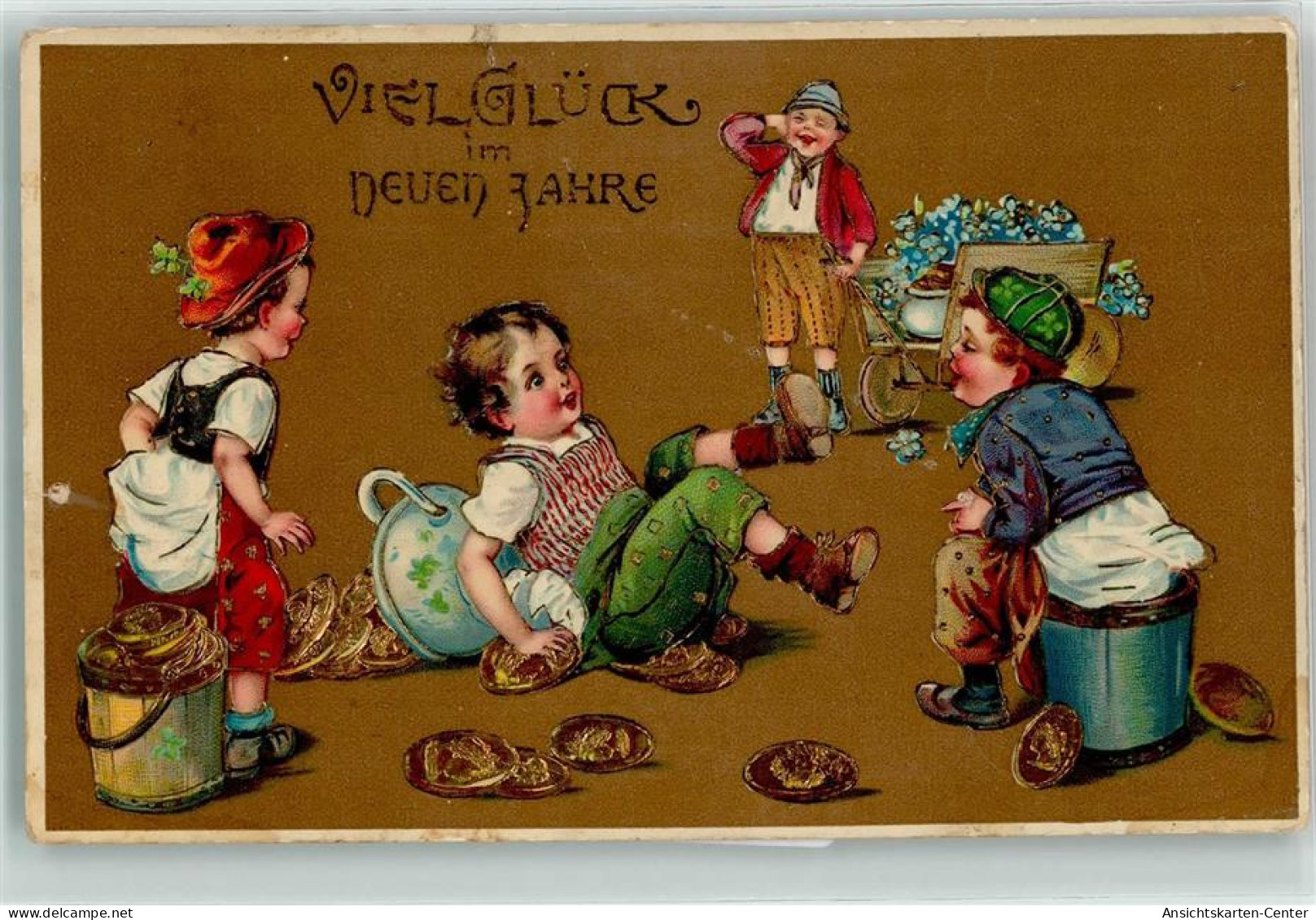 39193206 - Toepfe Und Eimer Fuer Geldtaler , Kinder , Bollerwagen Vergissmeinnicht Golddruck - New Year