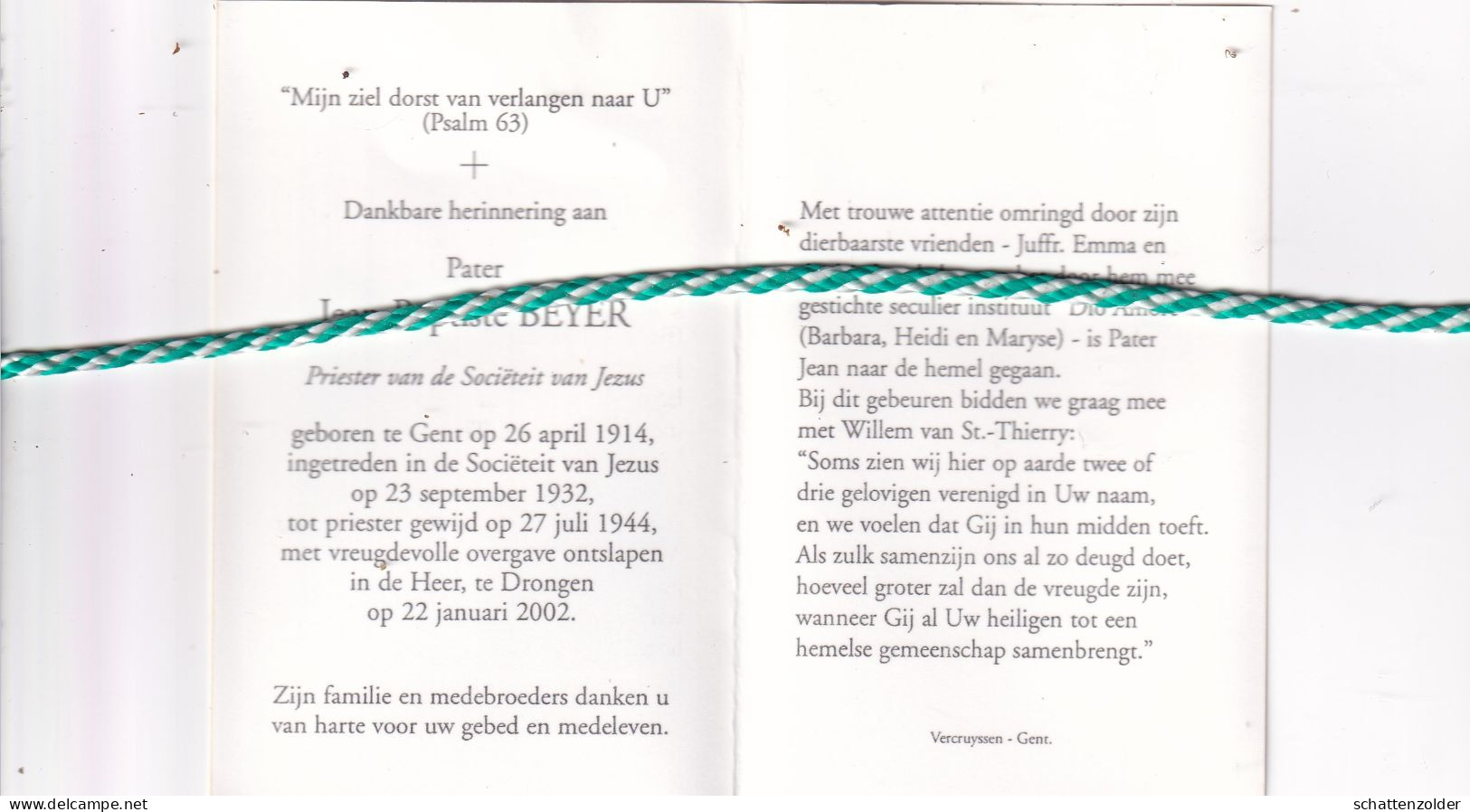 Pater Jean-Baptiste Beyer, Gent 1914, Drongen 2002. Foto - Obituary Notices