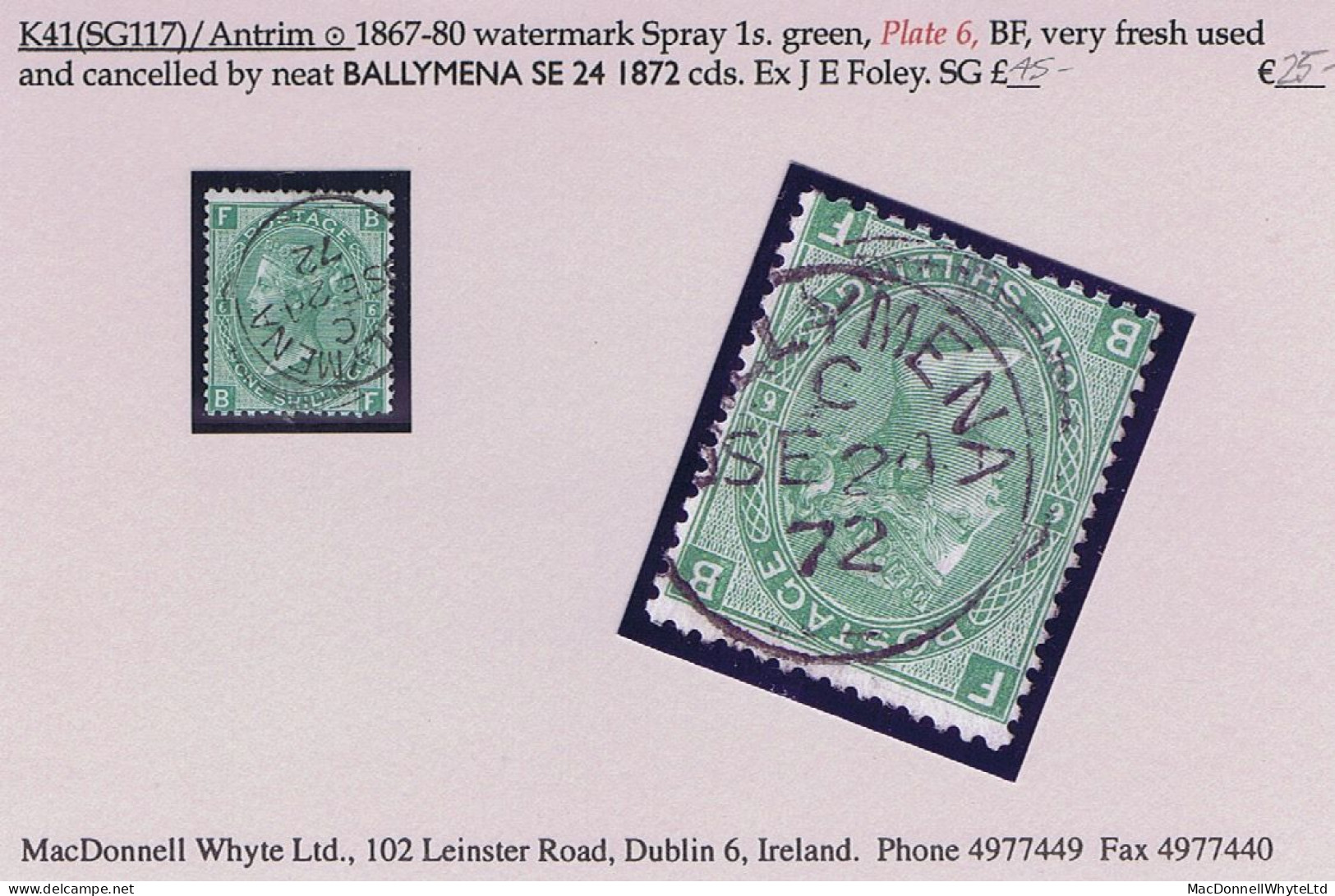 Ireland Antrim 1872 Queen Victoria 1s Green Plate 6 With Clear BALLYMENA SE 24 72 Cds - Autres & Non Classés