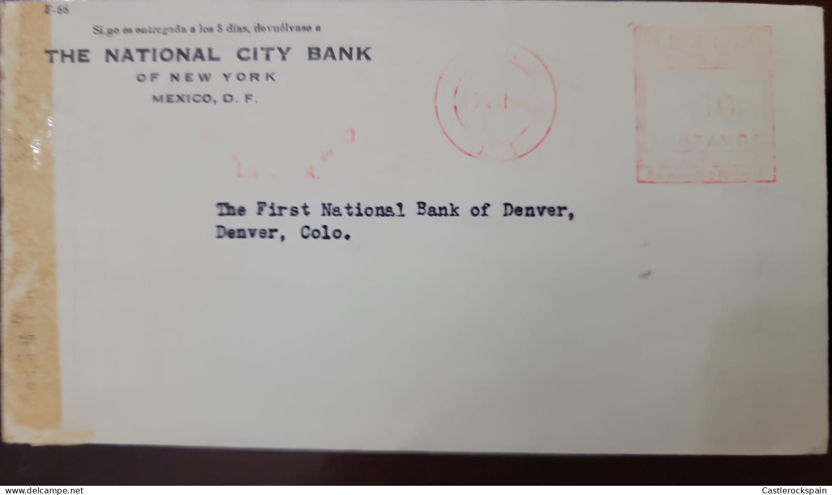 O) MEXICO, METERSTAMP,  THE NATIONAL CITY BANK,  IRCULATED TO  THE FIRST NATIONAL  BANK IN DENVER, XF - Mexico