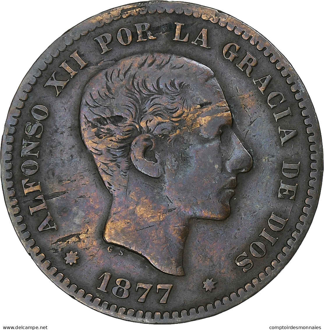 Espagne, Alfonso XII, 5 Centimos, 1877, Barcelona, Cuivre, TTB, KM:674 - Erstausgaben