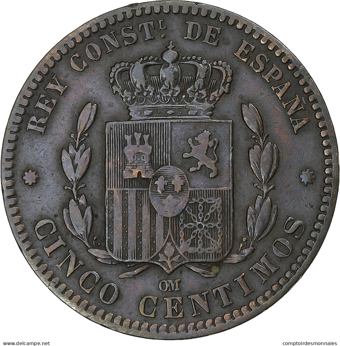 Espagne, Alfonso XII, 5 Centimos, 1877, Barcelona, Cuivre, TTB, KM:674 - Erstausgaben