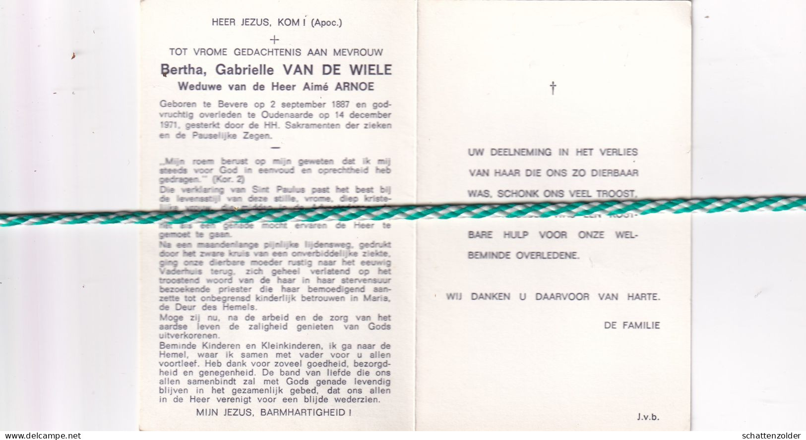 Bertha Gabrielle Van De Wiele-Arnoe, Bevere 1887, Oudenaarde 1971 - Obituary Notices