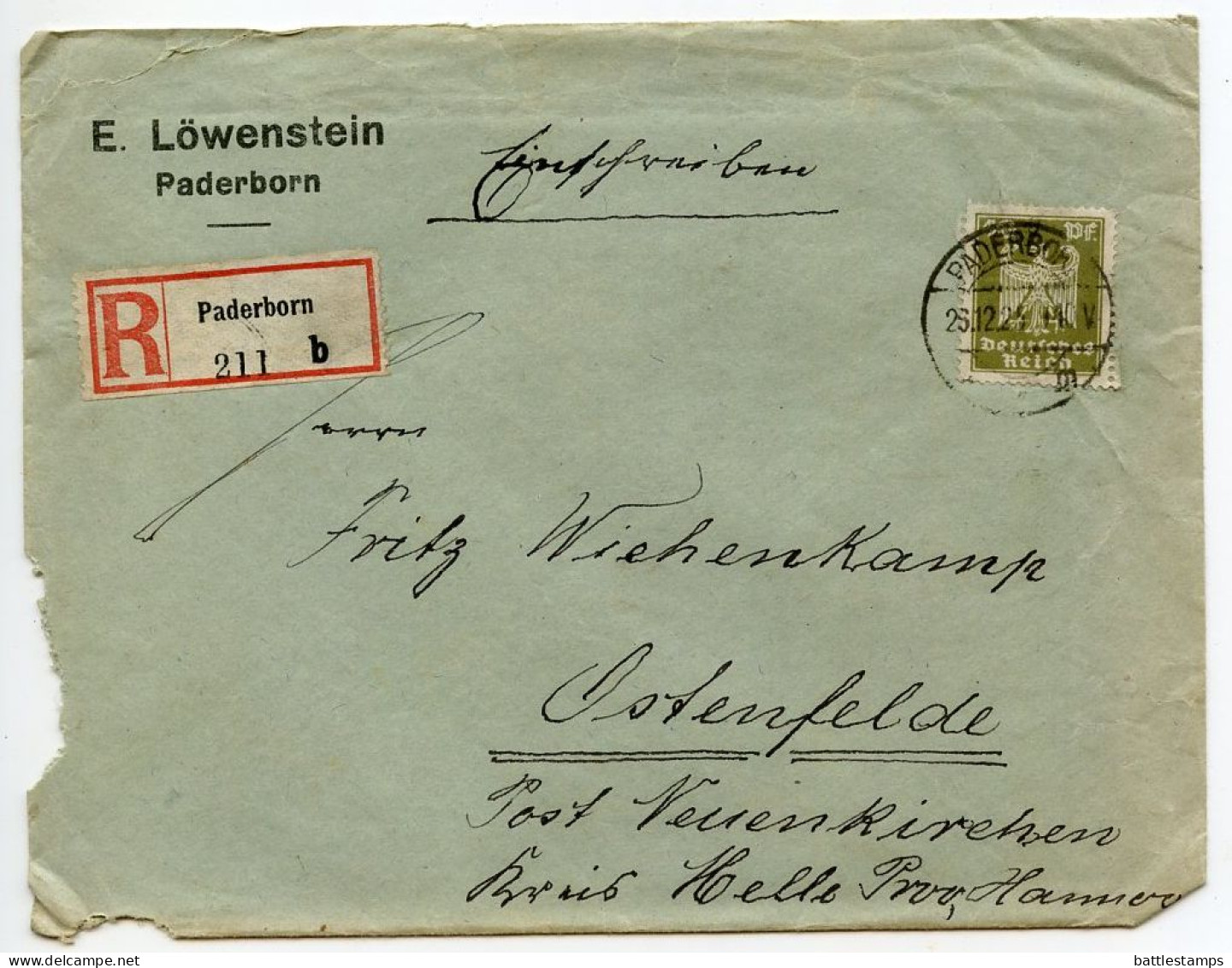 Germany 1925 Registered Cover & Mitteilung; Paderborn To Ostenfelde; 40pf. German Eagle - Covers & Documents