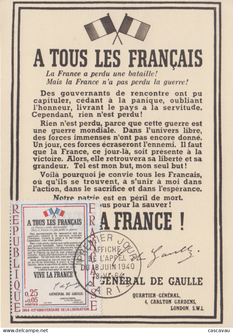 Carte Maximum  1er  Jour   FRANCE  1964    Affiche  De  L' Appel  Du  18  Juin  1940 - 1960-1969