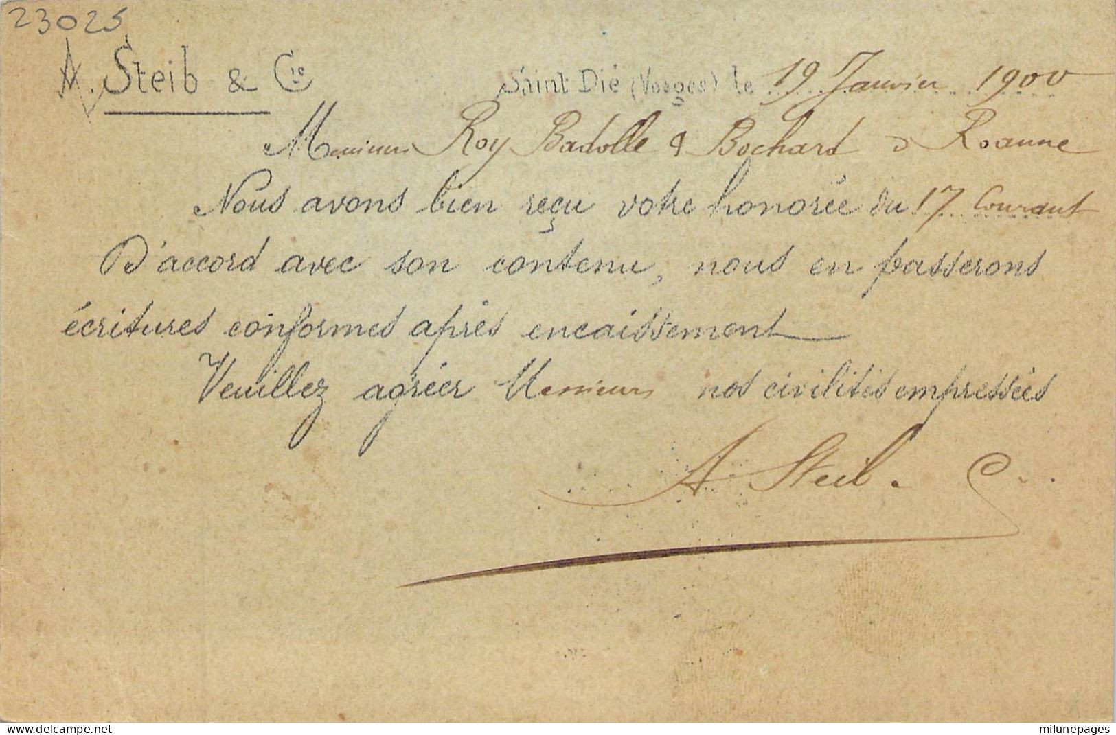Entier Postal 10 Cent. Sage Repiquage A.Steib & Cie à Saint-Dié Vosges Janvier 1900 - Cartes Postales Repiquages (avant 1995)