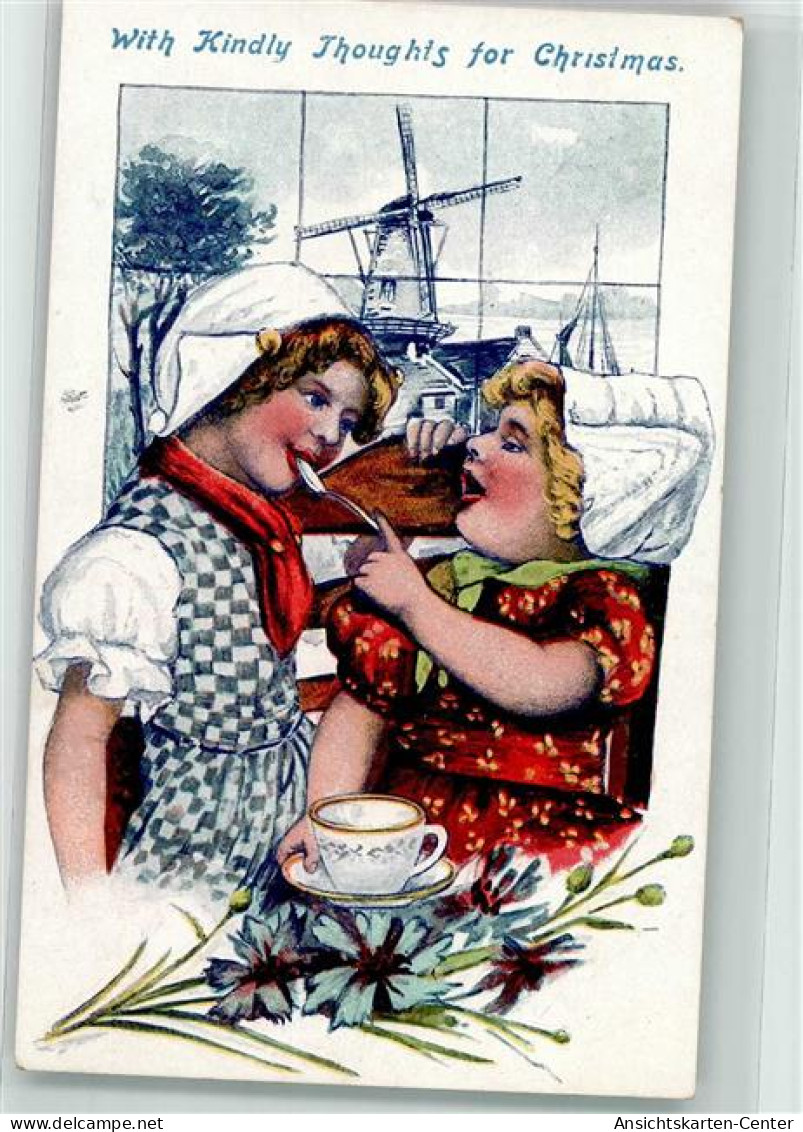 39603306 - Weihnachtsgruesse Hollandkinder Mit Kopfhauben Und Teetasse Vor Delfter Kacheln Lithographie With Kindly Tho - Otros & Sin Clasificación