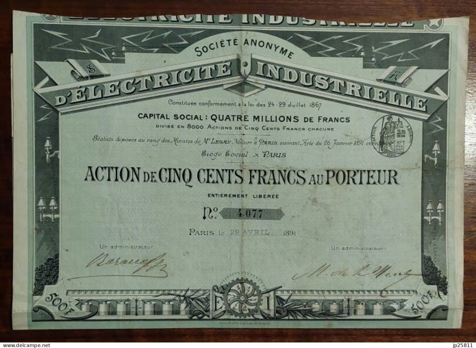 France - S.A. D'Electrique Industrielle Action 500 Francs 1891 Paris - Sonstige & Ohne Zuordnung