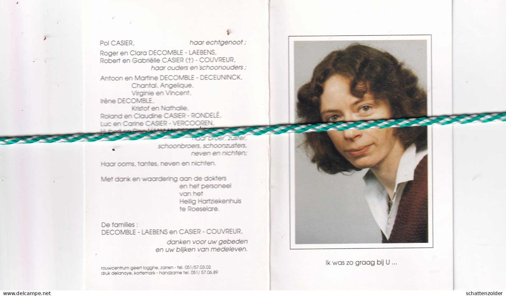 Cécile Decomble-Casier, Torhout 1955, Roeselare 1994. Foto - Obituary Notices